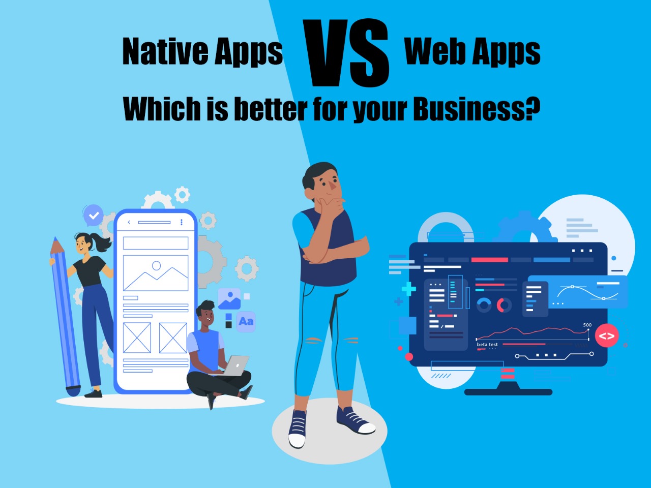 image for the blog "Native Apps vs Web Apps" including graphics with text.